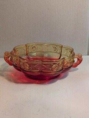 Vintage Jeanette Glass Amberina Candy Dish Aztec Rose 2 Handles Glows.